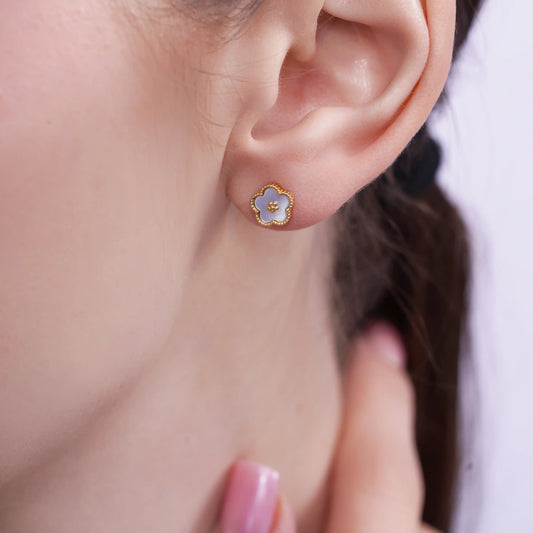 925 Sterling Silver Gold Plated Diamond Cut Mother of Pearl Floral Halo Stud Earrings