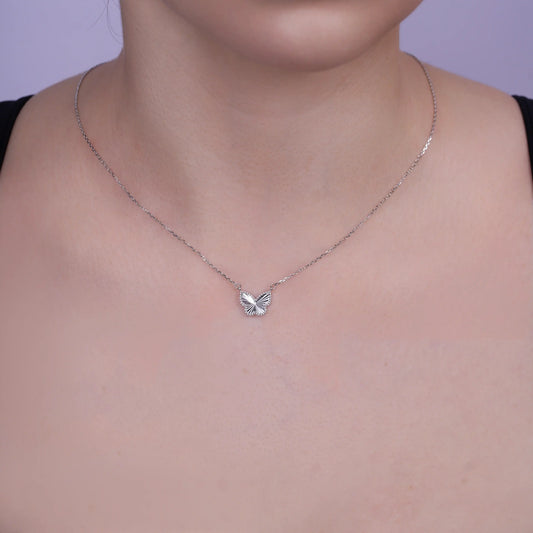 925 Sterling Silver Rhodium Plated 11.7mm x 10.9mm Diamond Cut Butterfly Adjustable Necklace