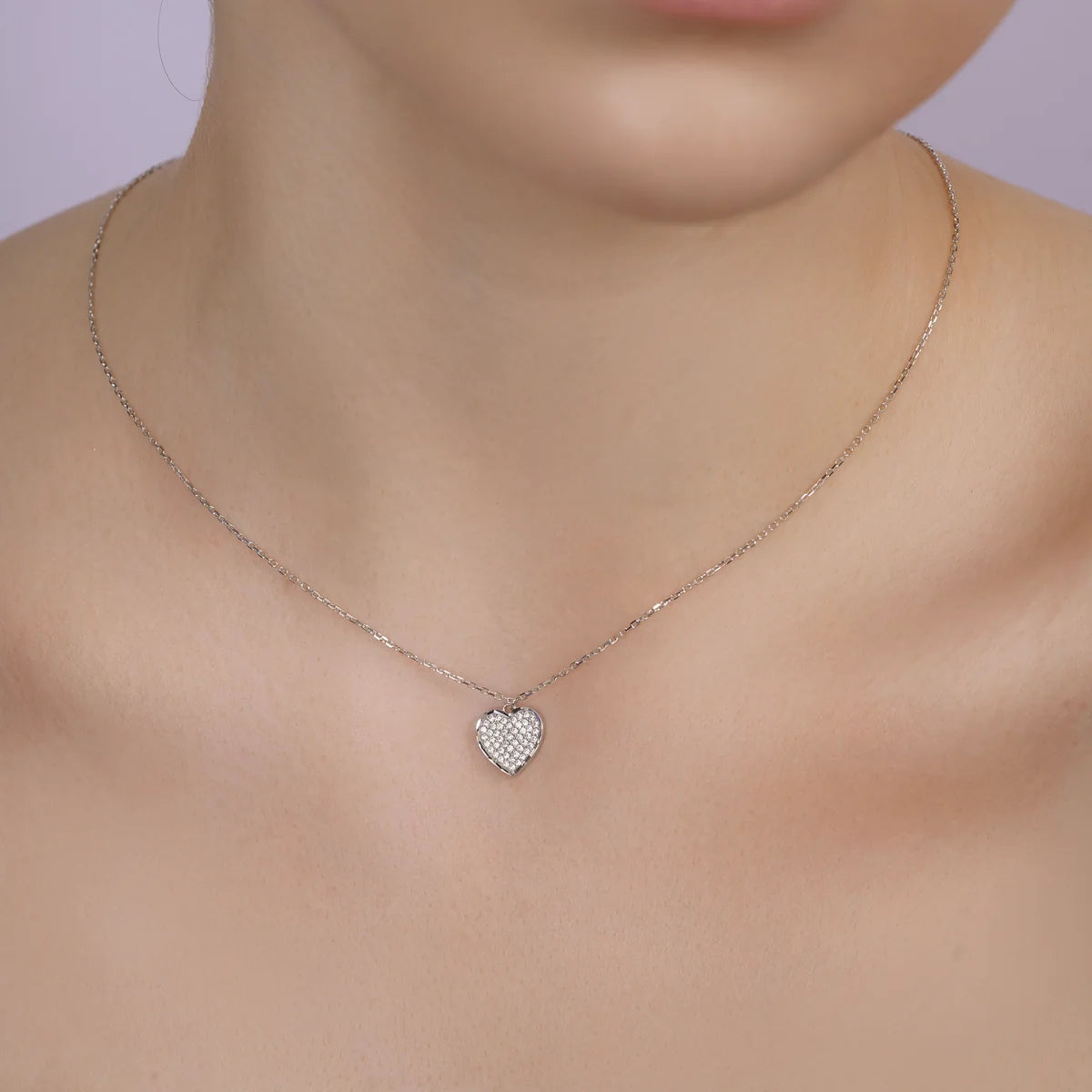 925 Sterling Silver Rhodium Plated 11mm x 13mm Heart CZ Studded Adjustable Necklace