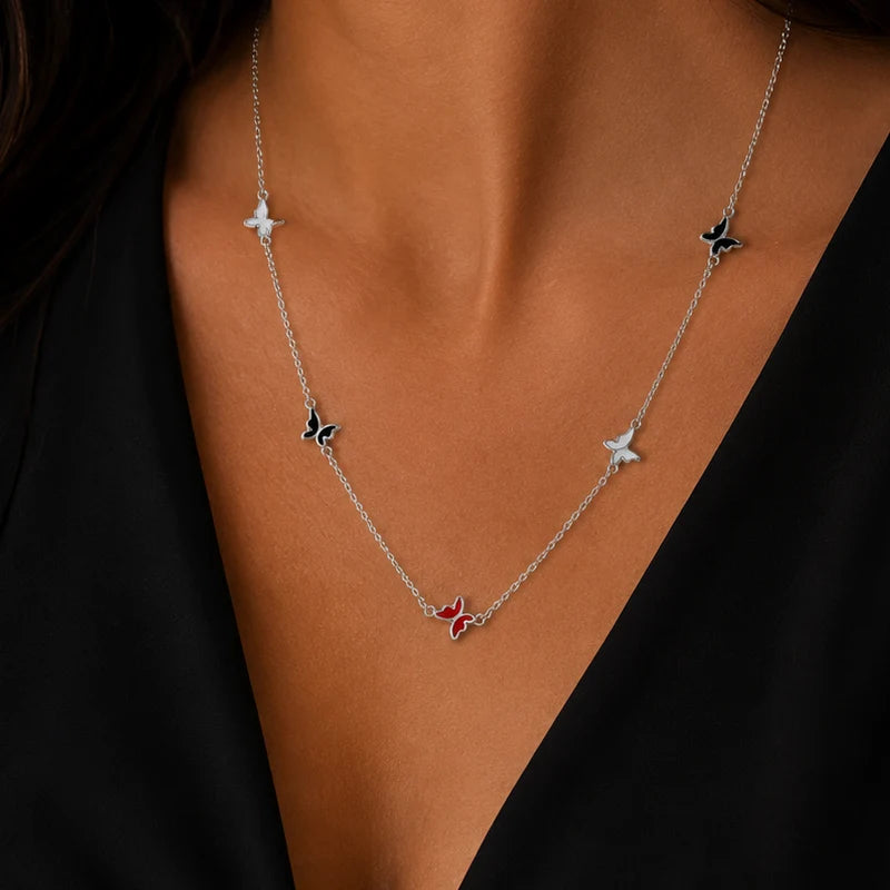 925 Sterling Silver Rhodium Plated Enamel Multi Color Butterfly Necklace