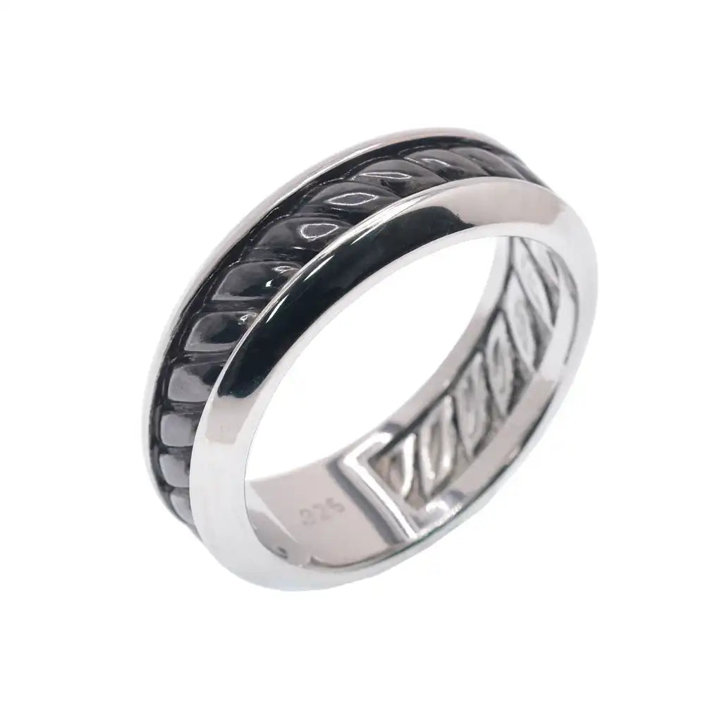 925 Sterling Silver Rhodium and Black Rhodium Plated Men's Twisted Rope Band 7.2mm Ring