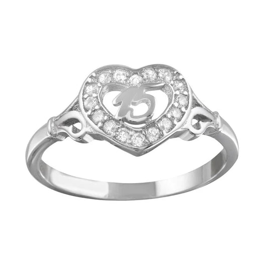 925 Sterling Silver Rhodium Plated Heart 15 Ring with CZ