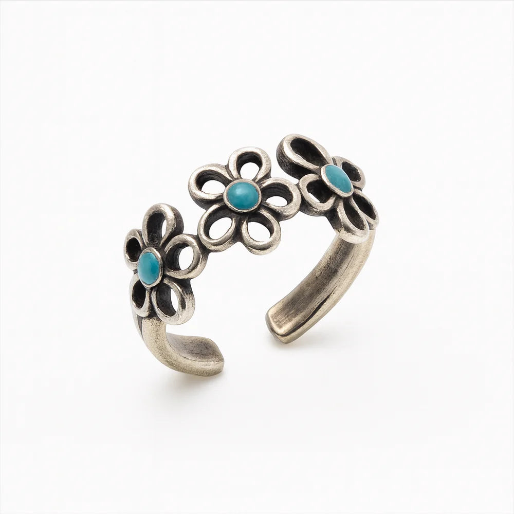 925 Sterling Silver Oxidized Adjustable Turquoise Flower Toe Ring