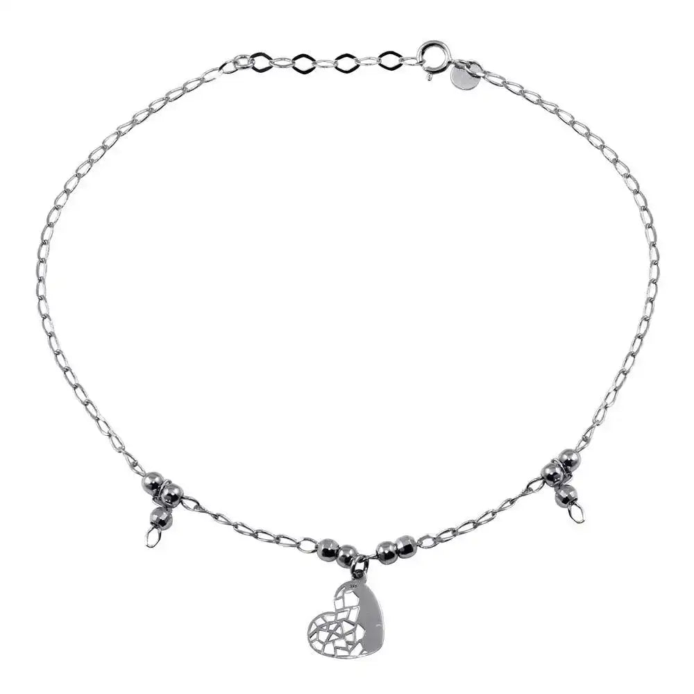 925 Sterling Silver Rhodium Plated Heart and Beads Anklet