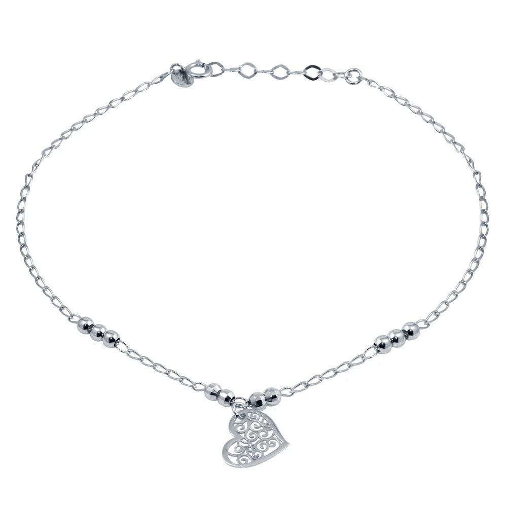 925 Sterling Silver Rhodium Plated Beaded Anklet with Flat Heart Charm