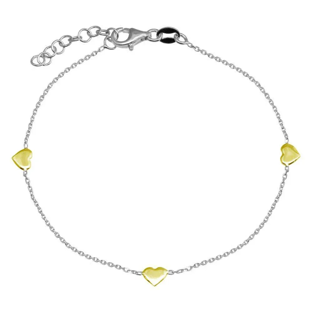 925 Sterling Silver Two Tone Plated Adjustable Single Strand Bracelet with 3 Hearts Element
