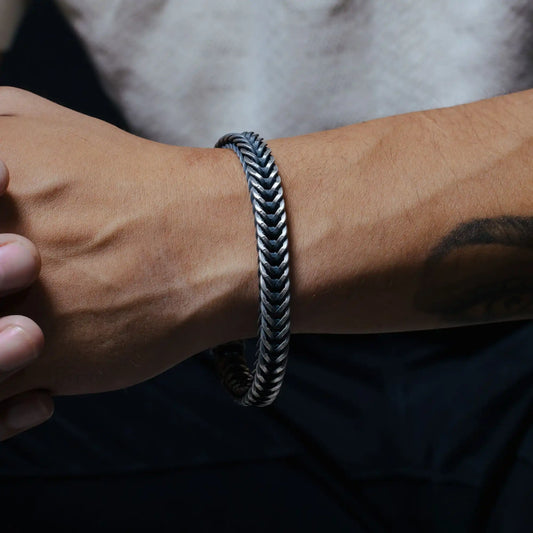 925 Sterling Silver Hand Made Gun Metal Finish Wide Braided Bracelet 9.4mm