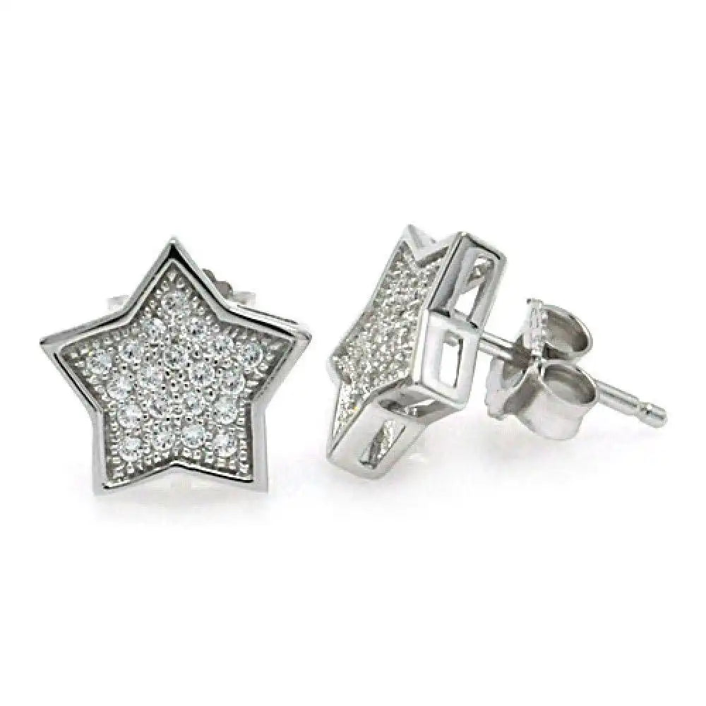 925 Sterling Silver Rhodium Plated Micro Pave Clear Star CZ Stud Earrings