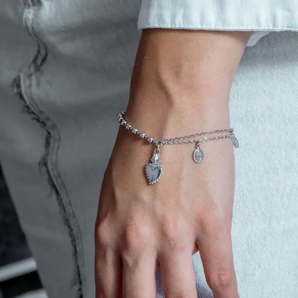 925 Sterling Silver Rhodium Plated Lady of Guadalupe Bead Bracelet with Heart Charms
