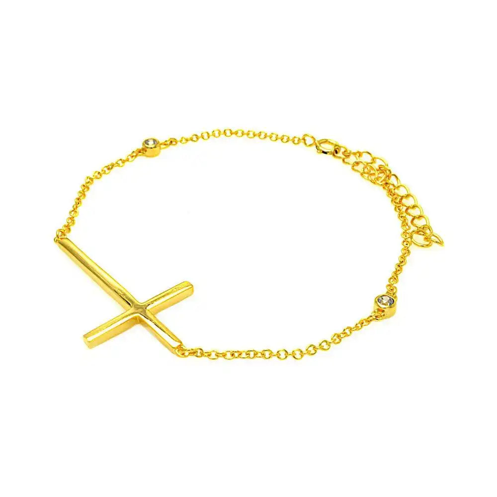 925 Sterling Silver Gold Plated Sideways Cross Bracelet