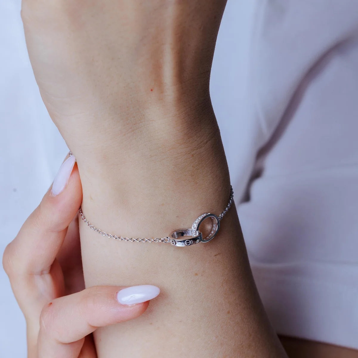 925 Silver Rhodium Plated Double Ring Link CZ Bracelet