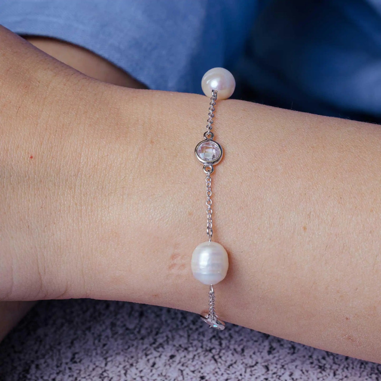 925 Sterling Silver Rhodium Plated Multi Pearl Clear CZ Bracelet