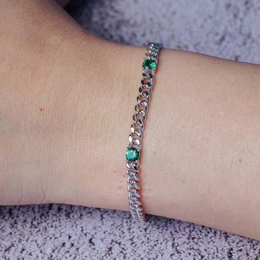 925 Sterling Silver Green CZ Curb Link Bracelet