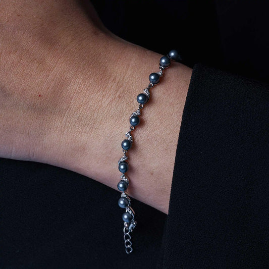 925 Sterling Silver Rhodium Plated Grey Pearl CZ Link Bracelet