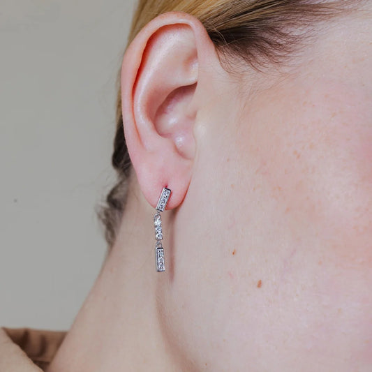 925 Silver Rhodium Plated Multiple Channel Round CZ Dangling Earrings