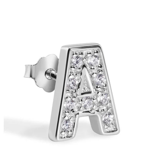 925 Sterling Silver Rhodium Plated Letter Alphabet Clear CZ 8.8mm Stud Single Earring