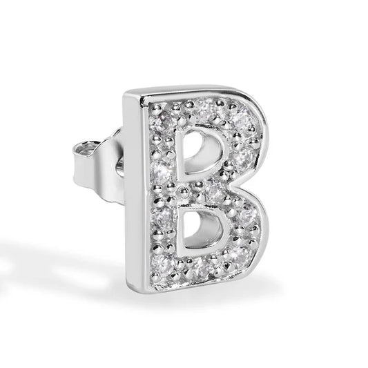 925 Sterling Silver Rhodium Plated Letter Alphabet Clear CZ 8.8mm Stud Single Earring