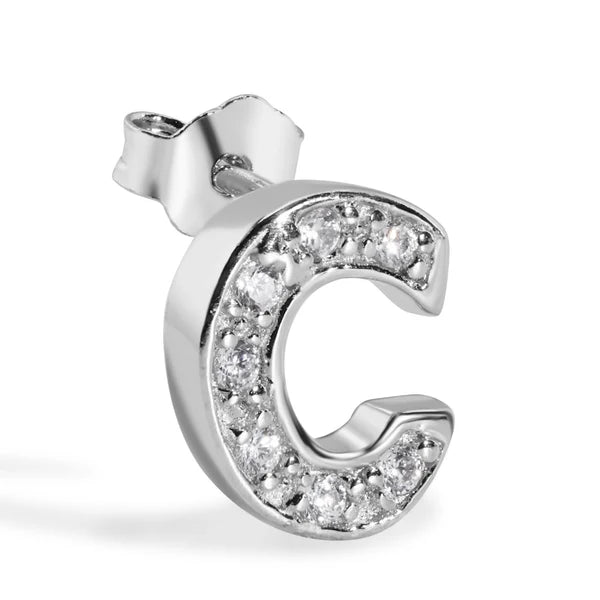 925 Sterling Silver Rhodium Plated Letter Alphabet Clear CZ 8.8mm Stud Single Earring
