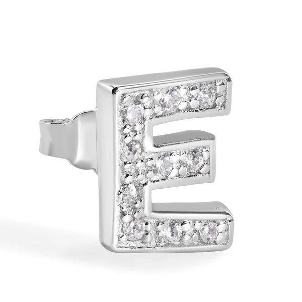 925 Sterling Silver Rhodium Plated Letter Alphabet Clear CZ 8.8mm Stud Single Earring