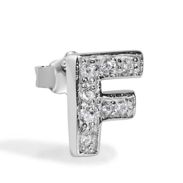 925 Sterling Silver Rhodium Plated Letter Alphabet Clear CZ 8.8mm Stud Single Earring