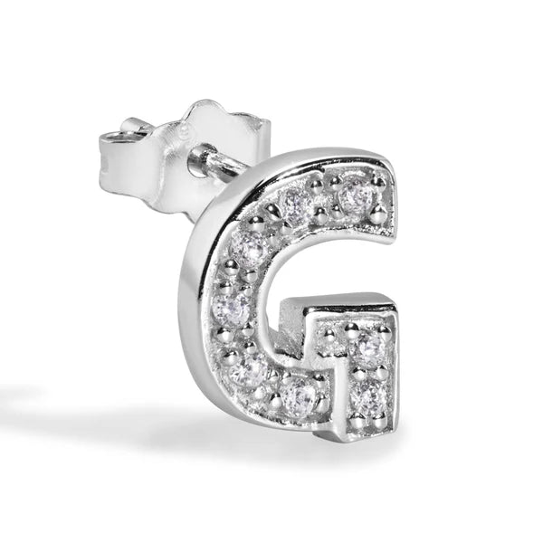 925 Sterling Silver Rhodium Plated Letter Alphabet Clear CZ 8.8mm Stud Single Earring