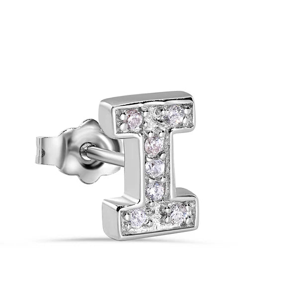925 Sterling Silver Rhodium Plated Letter Alphabet Clear CZ 8.8mm Stud Single Earring