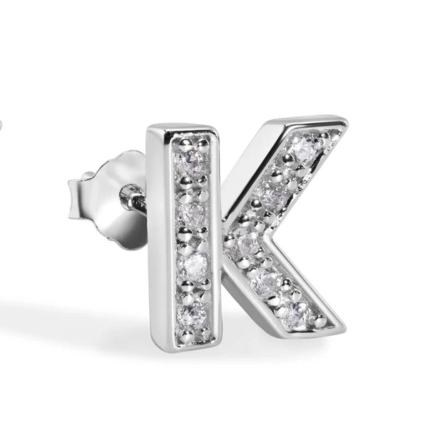 925 Sterling Silver Rhodium Plated Letter Alphabet Clear CZ 8.8mm Stud Single Earring