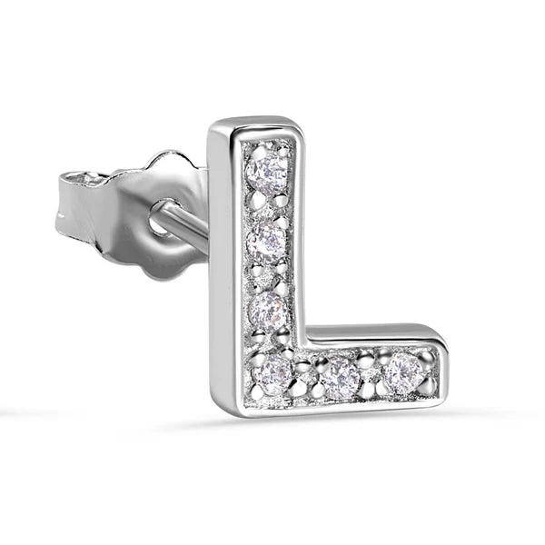 925 Sterling Silver Rhodium Plated Letter Alphabet Clear CZ 8.8mm Stud Single Earring