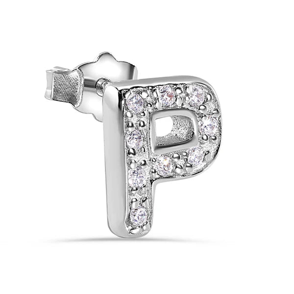 925 Sterling Silver Rhodium Plated Letter Alphabet Clear CZ 8.8mm Stud Single Earring