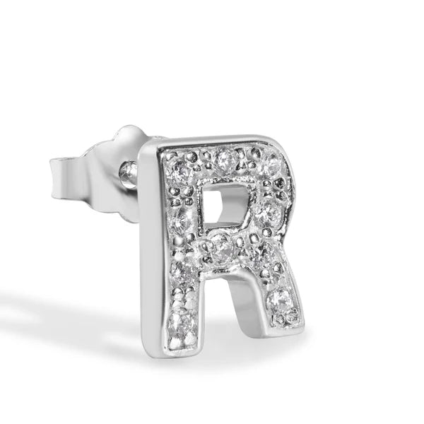 925 Sterling Silver Rhodium Plated Letter Alphabet Clear CZ 8.8mm Stud Single Earring