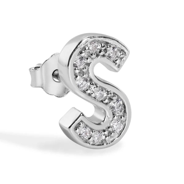 925 Sterling Silver Rhodium Plated Letter Alphabet Clear CZ 8.8mm Stud Single Earring