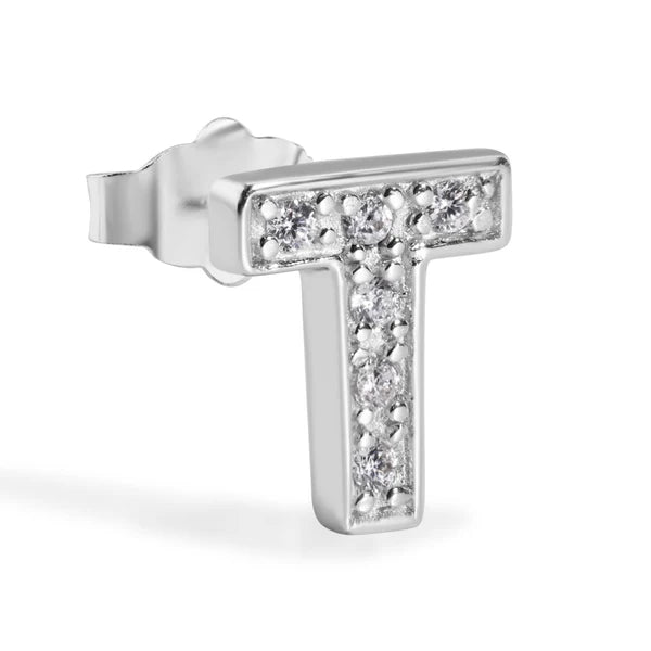 925 Sterling Silver Rhodium Plated Letter Alphabet Clear CZ 8.8mm Stud Single Earring