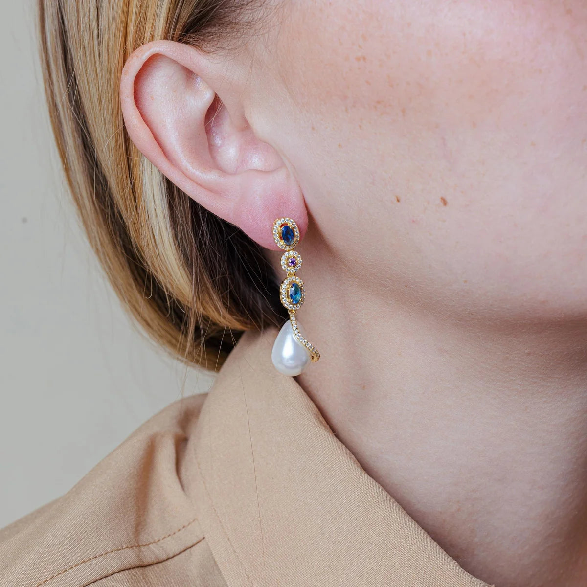 925 Sterling Silver Gold Plated Multi Color CZ Dangling Earring with CZ Wrapped Synthetic Pearls