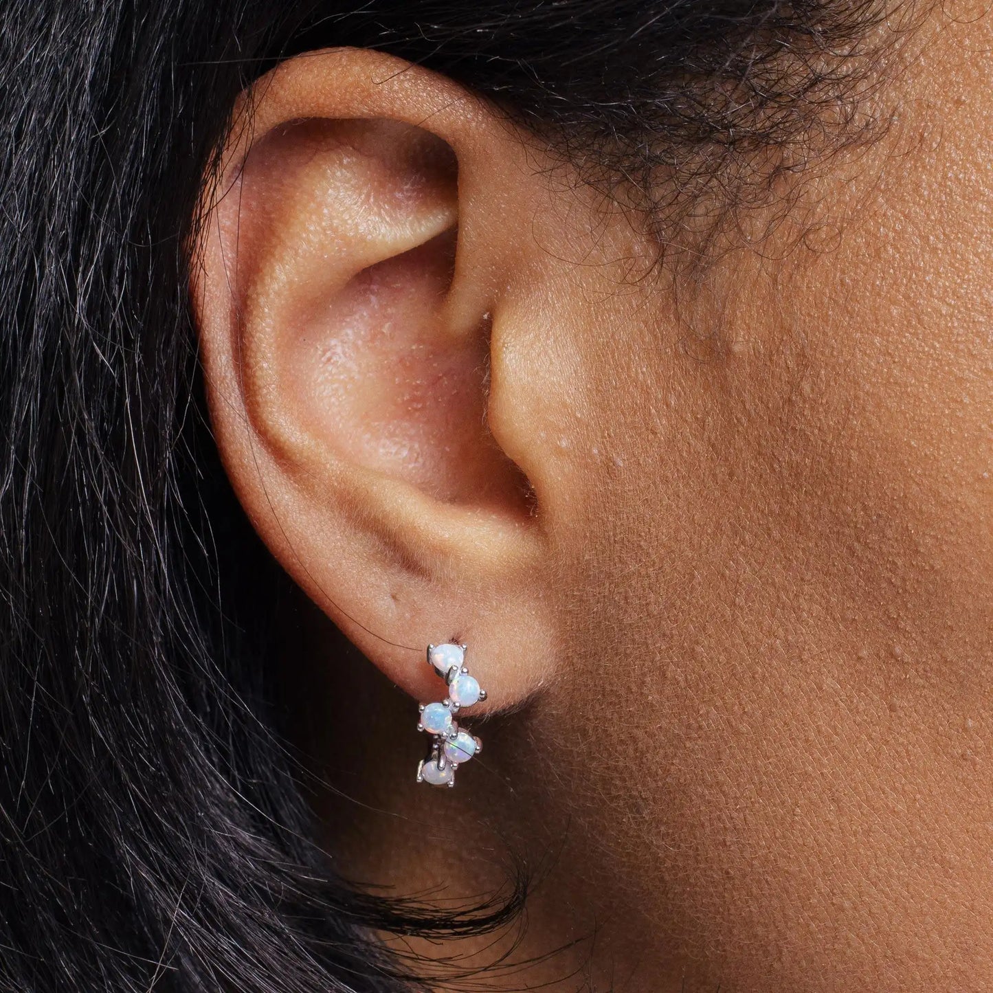 925 Sterling Silver Rhodium Plated Alternating Opal Hoop Earring