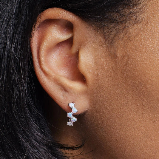 925 Sterling Silver Rhodium Plated Alternating Opal Hoop Earring