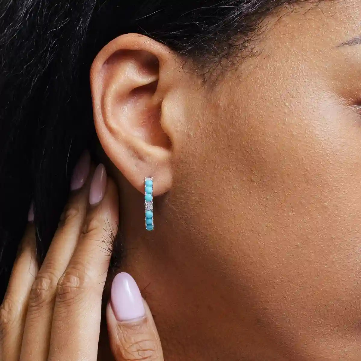 925 Sterling Silver Rhodium Plated Semi Hoop Turquoise CZ Semi Hoop Earring