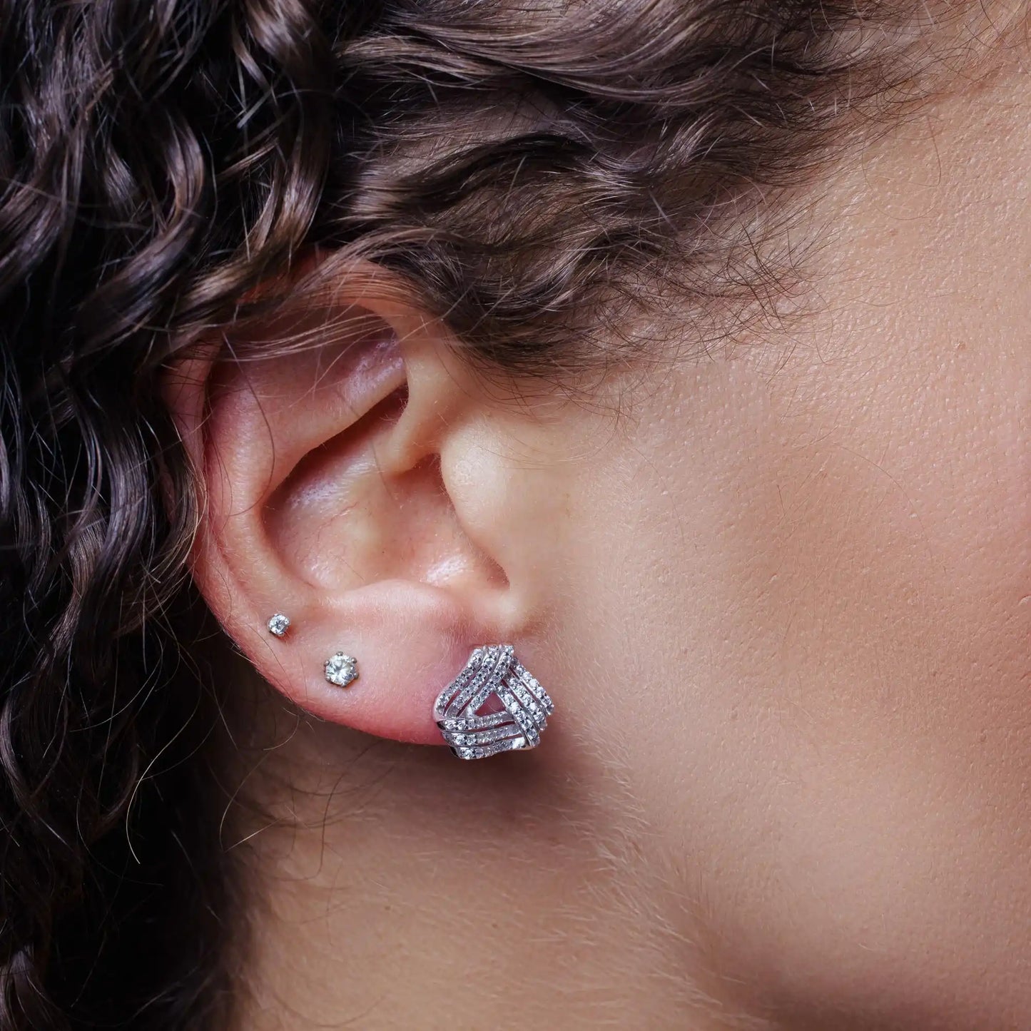 925 Sterling Silver Rhodium Plated 3 Layer Knot CZ Stud Earrings