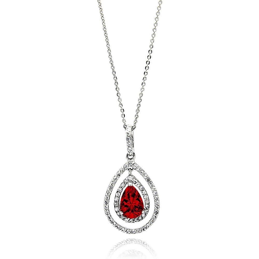 925 Silver Rhodium Plated Open Teardrop Red Center CZ Necklace