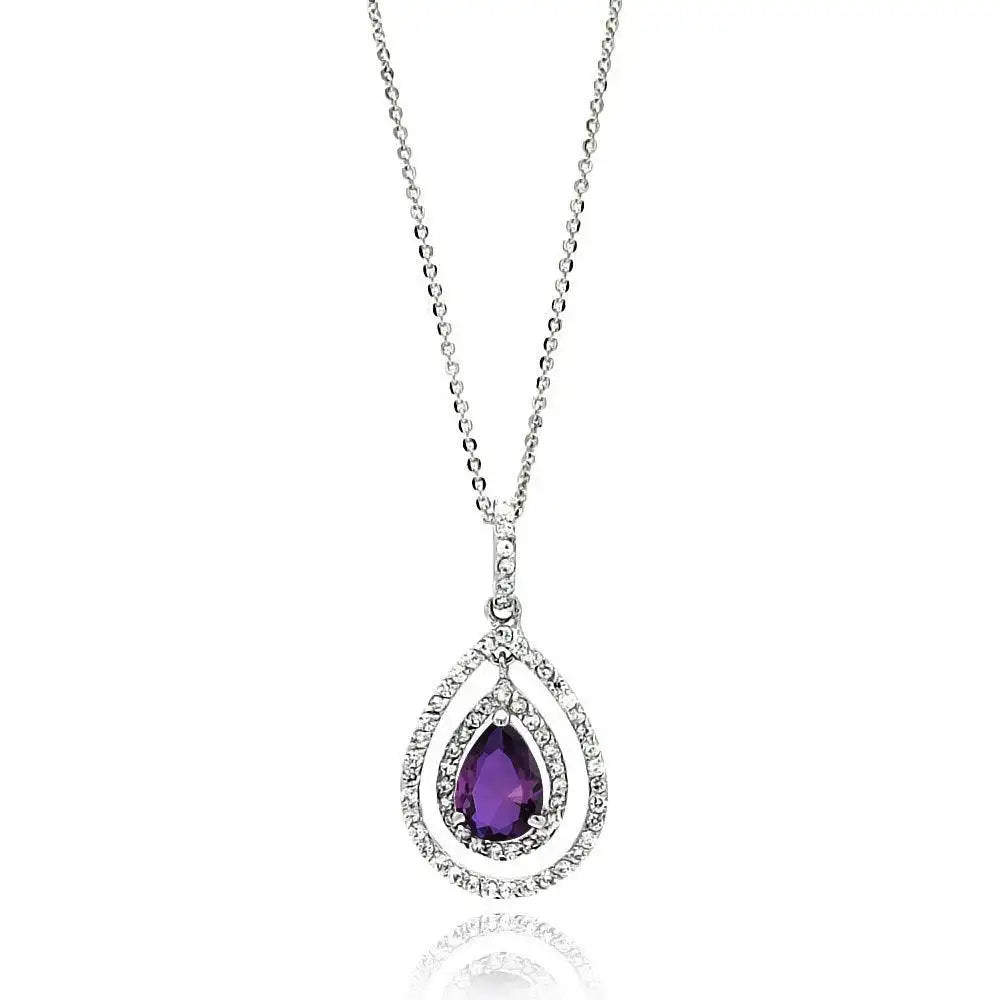 925 Sterling Silver Rhodium Plated Open Purple Teardrop Center CZ Necklace