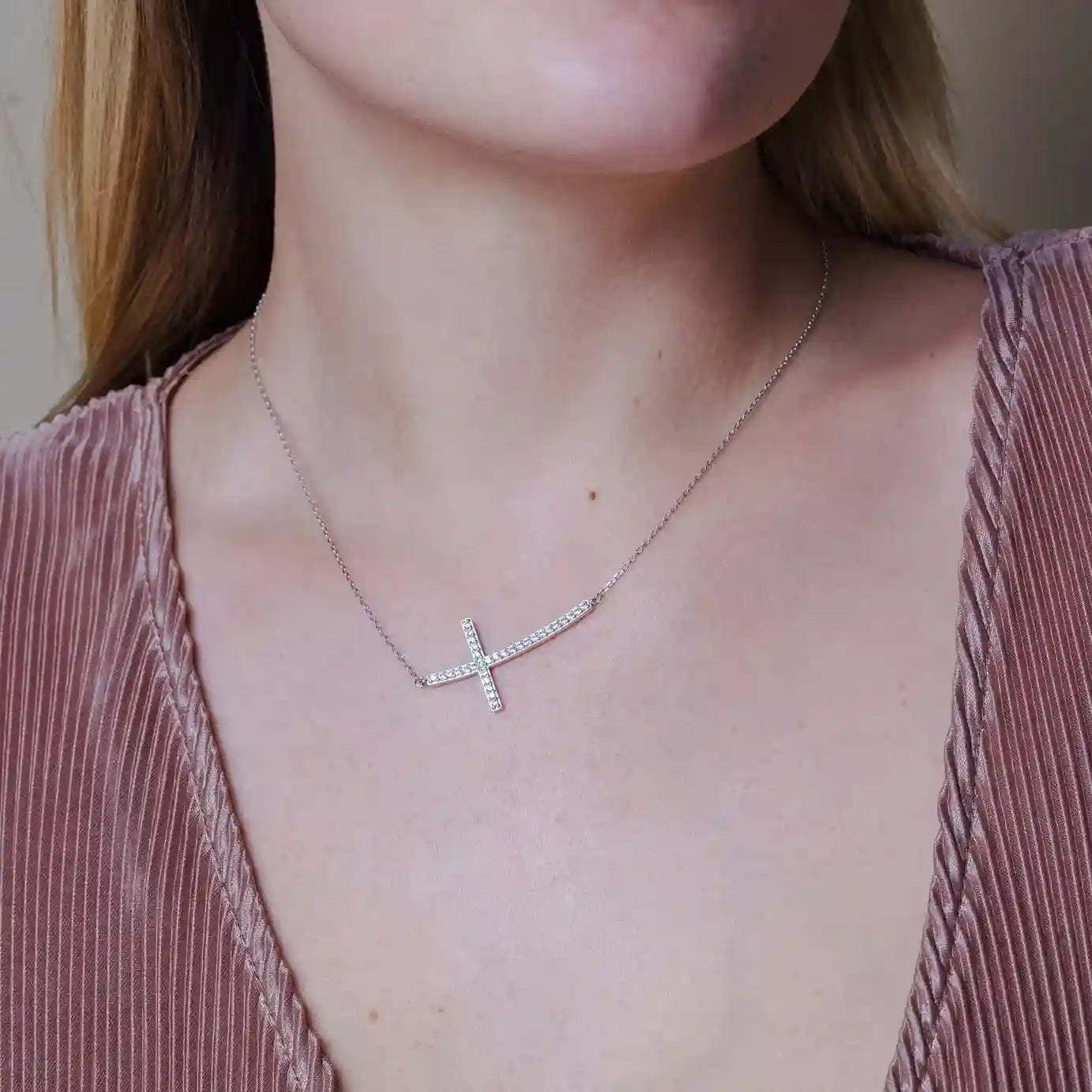 925 Sterling Silver Rhodium Plated Sideways Cross CZ Necklace