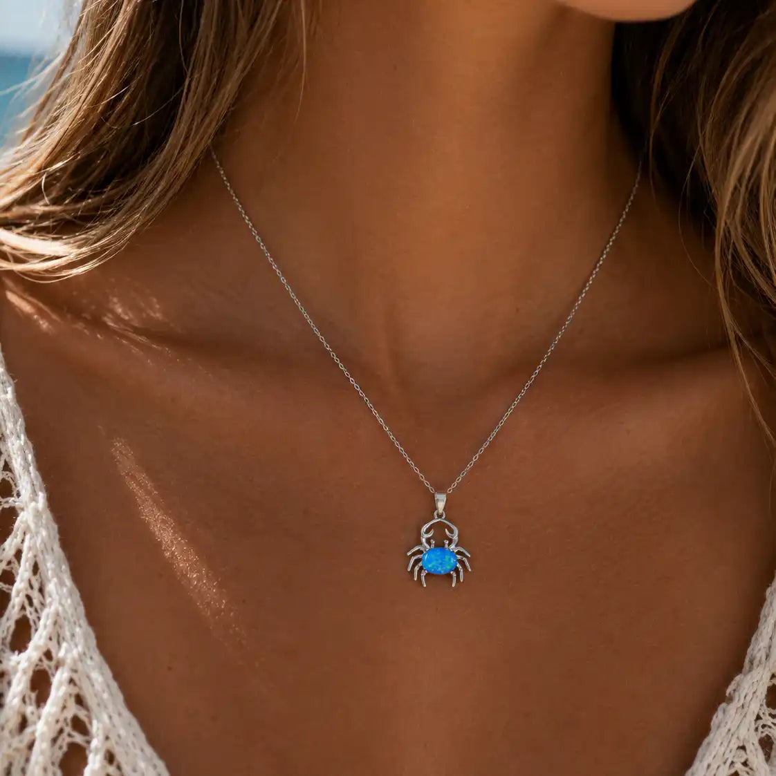 925 Sterling Silver Rhodium Plated Crab with Synthetic Blue Opal Necklace
