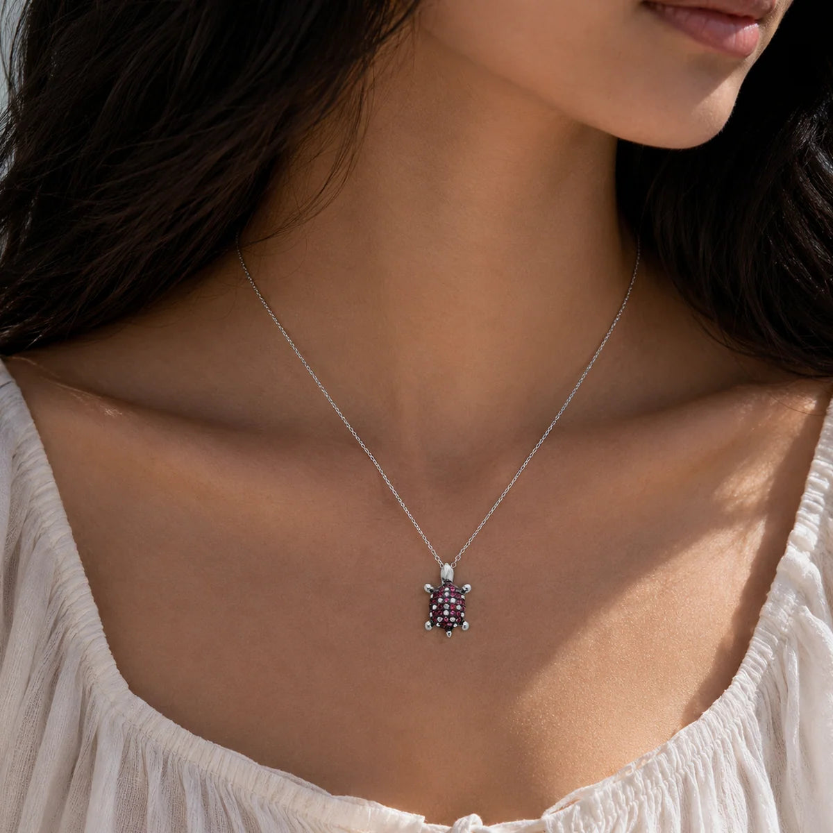 925 Sterling Silver Rhodium Plated Pink and Clear CZ Turtle Necklace
