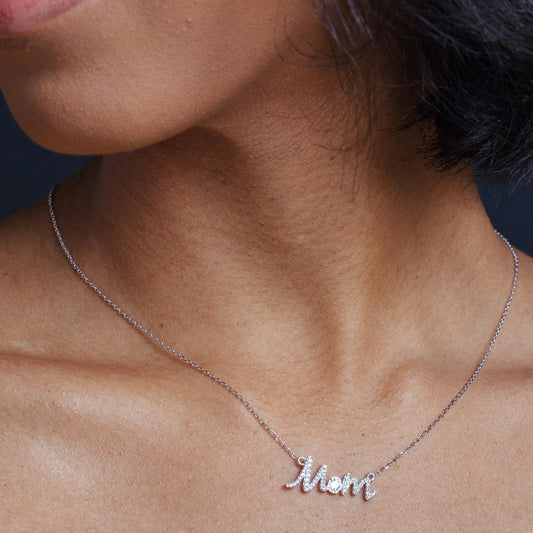 925 Sterling Silver Rhodium Plated Clear CZ Script MOM Necklace
