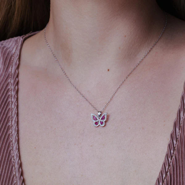 925 Sterling Silver Rhodium Plated Clear and Red CZ Butterfly Pendant Necklace