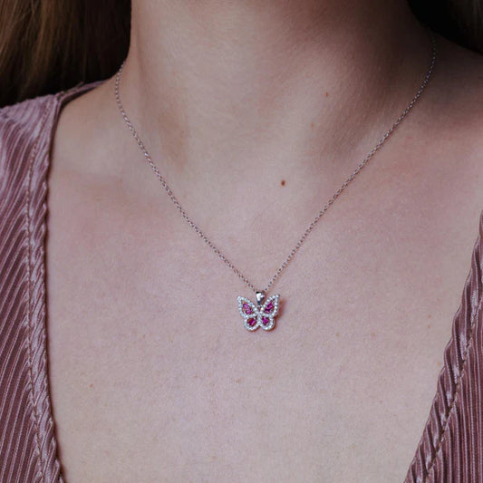 925 Sterling Silver Rhodium Plated Clear and Red CZ Butterfly Pendant Necklace