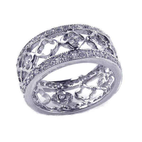 925 Silver Rhodium Plated Flower 10mm Band Alternating CZ Ring