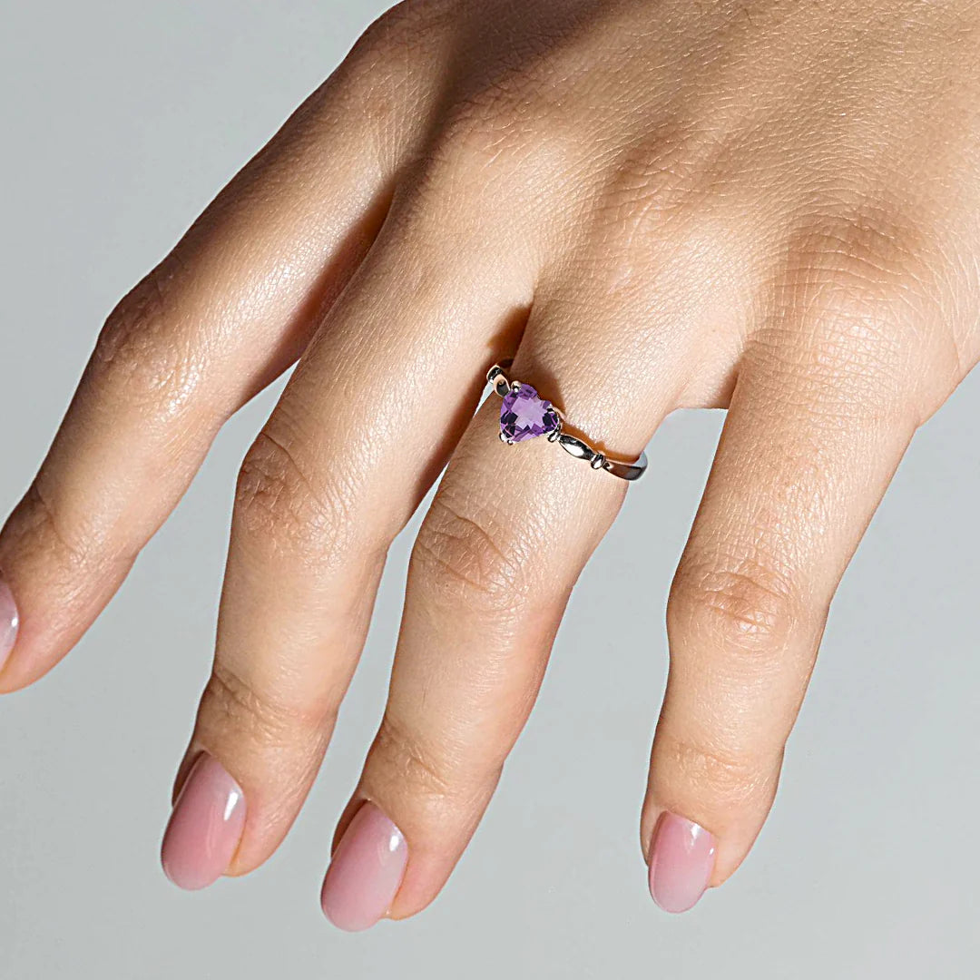 925 Sterling Silver Rhodium Plated CZ Heart Purple February Ring