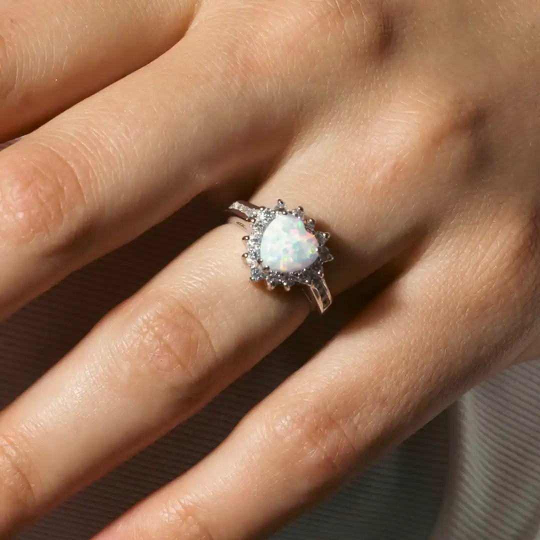 925 Sterling Silver Rhodium Plated Halo Heart with Synthetic Opal Center Stone Ring