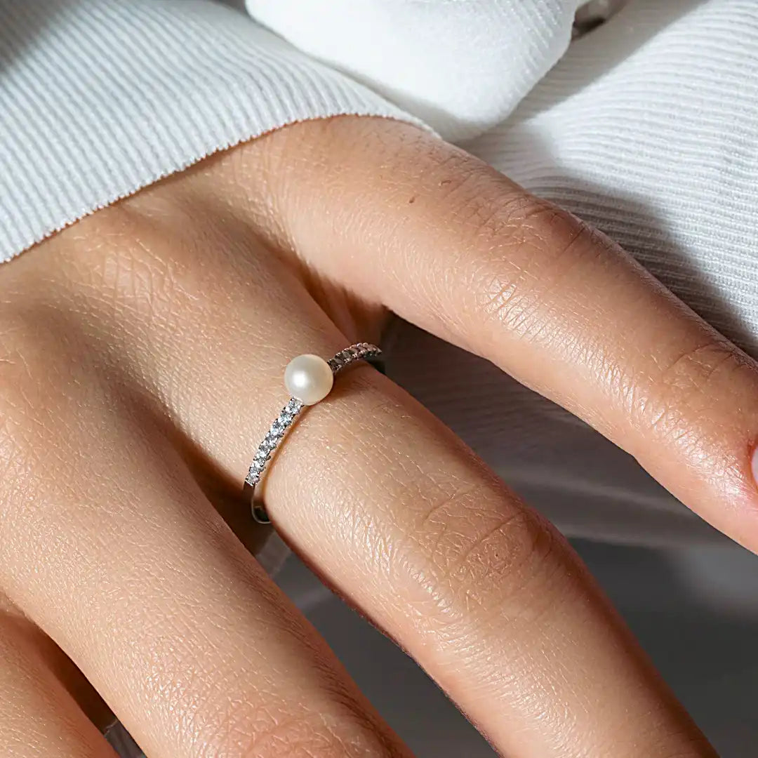 925 Sterling Silver Rhodium Plated Synthetic Center Pearl Ring with Cubic Zirconia Stones
