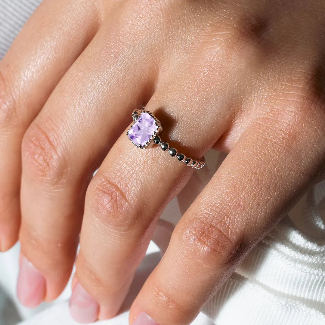 925 Sterling Silver Rhodium Plated June Beaded Shank Square Center Birthstone Ring